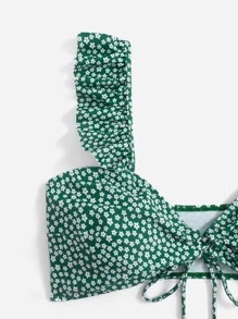 Swim Mod Plus Size Ditsy Floral Print Bikini Set Ruffle Trim Tie Front Top & High Waisted Bottom 2 Pieces Bathing Suit Summer - Green - View 5