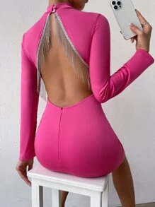 SHEIN Belle Fringe Trim Backless Mock Neck Bodycon Dress - Pink - View 2