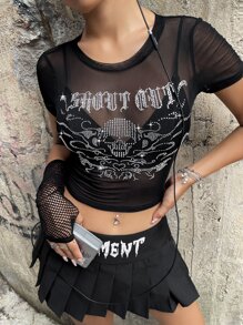 ROMWE PUNK Áo nữ Pha lê kim cương cắt Lễ Các Thánh Lá thư Gợi cảm - màu đen - Xem 1