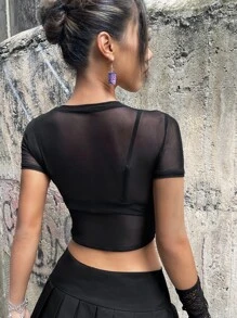 ROMWE PUNK Áo nữ Pha lê kim cương cắt Lễ Các Thánh Lá thư Gợi cảm - màu đen - Xem 2