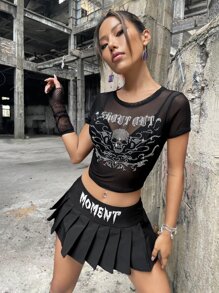 ROMWE PUNK Áo nữ Pha lê kim cương cắt Lễ Các Thánh Lá thư Gợi cảm - màu đen - Xem 3