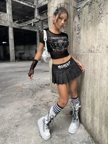 ROMWE PUNK Áo nữ Pha lê kim cương cắt Lễ Các Thánh Lá thư Gợi cảm - màu đen - Xem 4