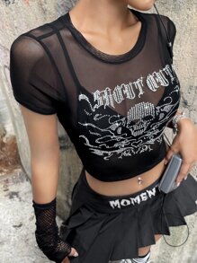 ROMWE PUNK Áo nữ Pha lê kim cương cắt Lễ Các Thánh Lá thư Gợi cảm - màu đen - Xem 5