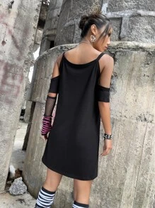 ROMWE PUNK Skeleton & Spider Web Print Cut Out Cold Shoulder Dress Without Gloves - Black - View 2