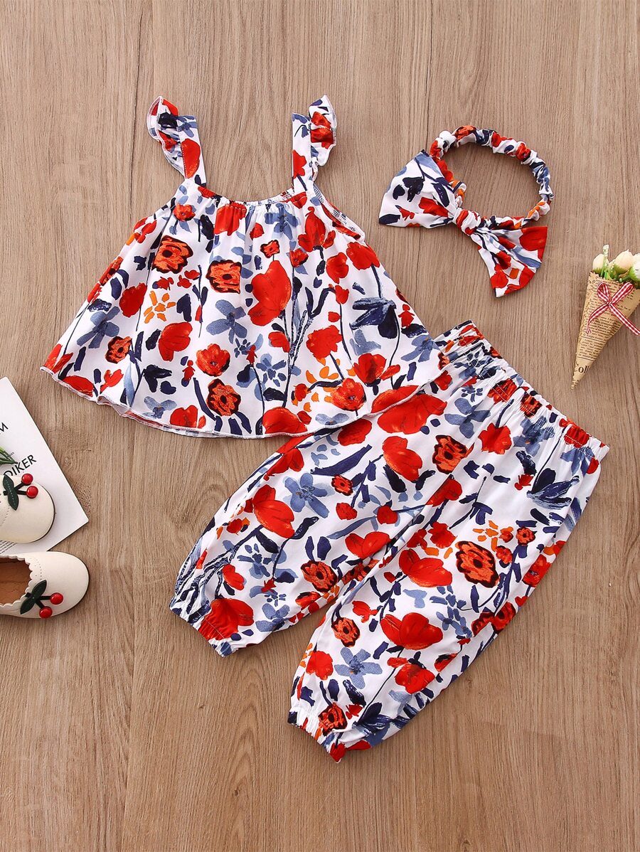 Bebé Pantalones con top con estampado floral ribete con fruncido con banda cabeza - Multicolor - Ver 1