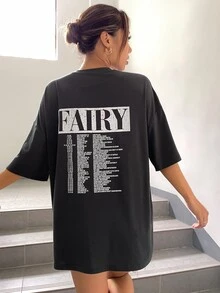 Camiseta con gráfico de letra y hombros caídos - Gris Oscuro - Ver 2