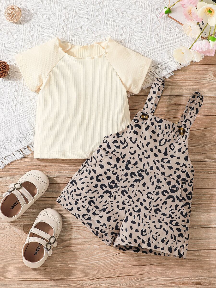 Đứa bé gái Tay Raglan Áo thun & In hoa Báo Romper tổng thể - Nhiều màu - Xem 1