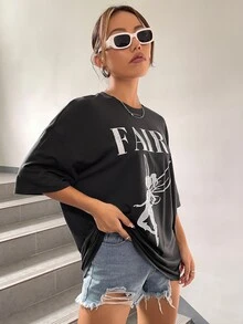 Camiseta con gráfico de letra y hombros caídos - Gris Oscuro - Ver 5