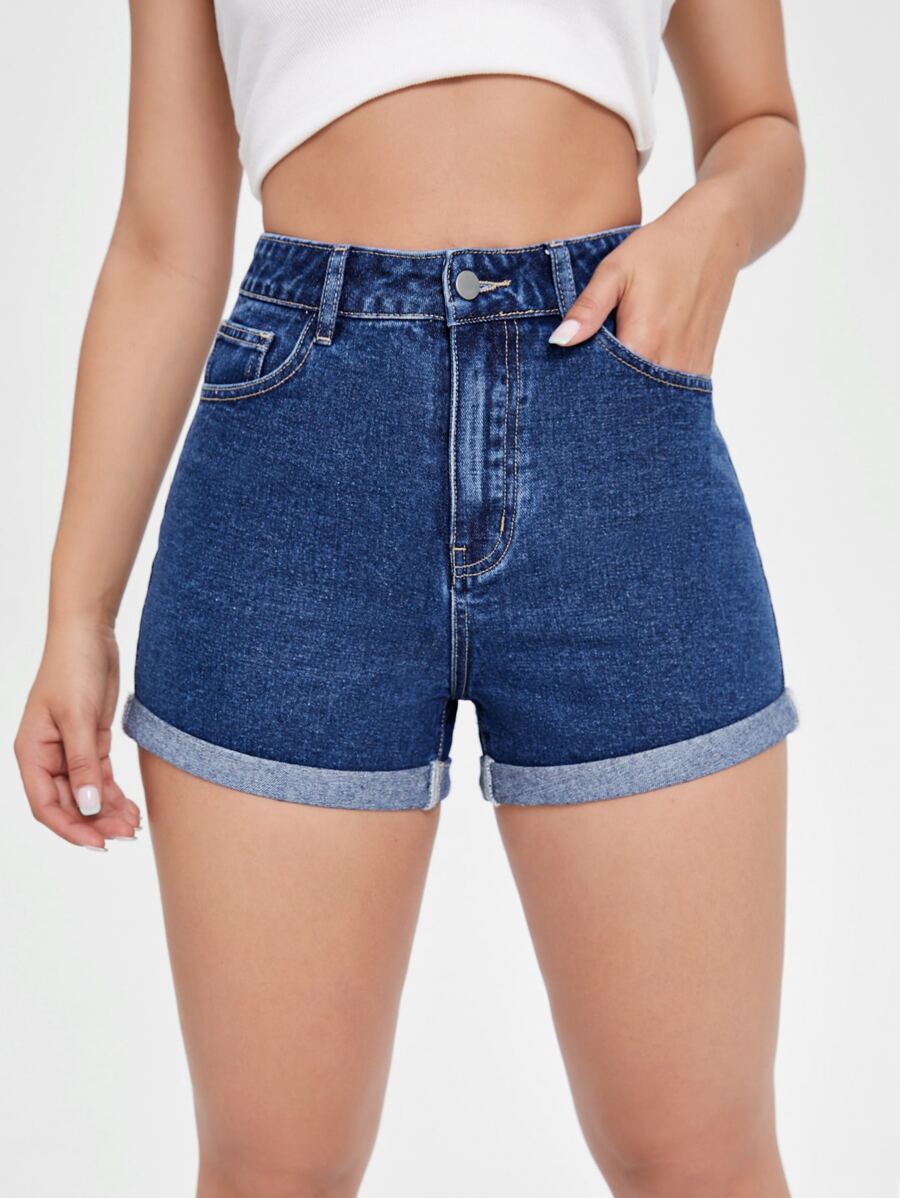 SHEIN Essnce 高腰卷邊牛仔短褲