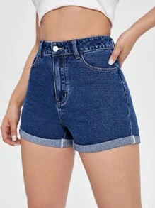 SHEIN Essnce 高腰卷邊牛仔短褲