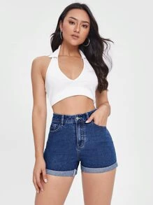 SHEIN Essnce 高腰卷邊牛仔短褲