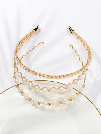 3入組鑲有水晶和仿珍珠裝飾的頭箍,優雅時尚