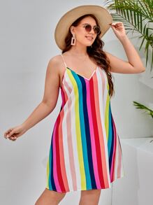 SHEIN VCAY 大碼彩色條紋吊帶連衣裙 - 彩色 - 查看 4