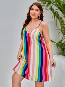 SHEIN VCAY 大碼彩色條紋吊帶連衣裙 - 彩色 - 查看 5