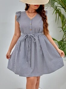 SHEIN VCAY Đầm Plus Size Thắt lưng Xù Nút phía trước Sọc Giải trí - Xanh và trắng - Xem 1