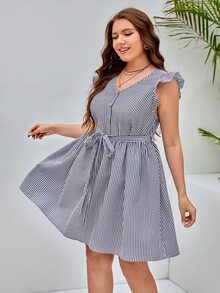 SHEIN VCAY Đầm Plus Size Thắt lưng Xù Nút phía trước Sọc Giải trí - Xanh và trắng - Xem 3