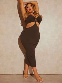 SHEIN SXY 大碼環鏈鏤空後綁帶吊帶連衣裙 - 巧克力棕 - 查看 5