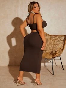 SHEIN SXY 大碼環鏈鏤空後綁帶吊帶連衣裙 - 巧克力棕 - 查看 2