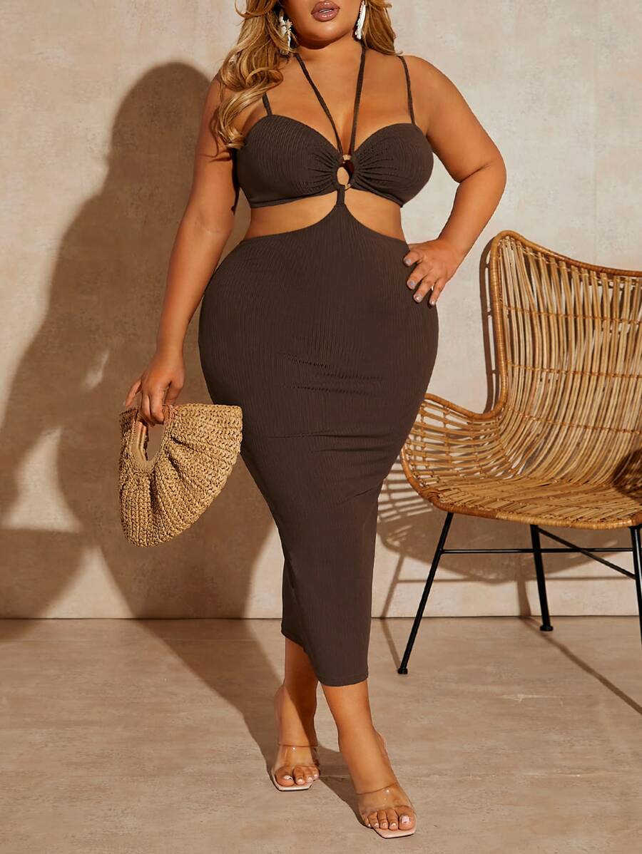 SHEIN SXY 大碼環鏈鏤空後綁帶吊帶連衣裙 - 巧克力棕 - 查看 1