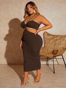 SHEIN SXY 大碼環鏈鏤空後綁帶吊帶連衣裙 - 巧克力棕 - 查看 4