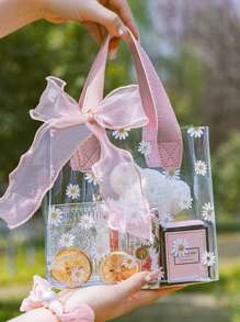 1pc 7.2*8inch Large PVC Gift Bag With Ribbon, Cute Daisy Pattern Handled Gift Wrapping Bag For Wedding Gift - Multicolor - View 2