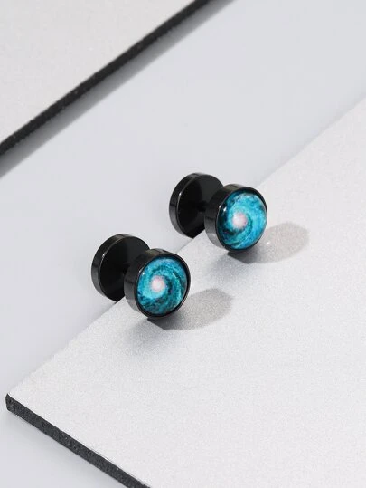 時尚流行男士銀河印花圓形耳釘不銹鋼朋克嘻哈風格適合珠寶禮物和時尚外觀