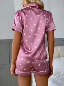 LuxeNights Conjunto de pijama con estampado de corazón y ribete de contraste - Rosa vieja - Ver 2