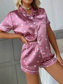 LuxeNights Conjunto de pijama con estampado de corazón y ribete de contraste - Rosa vieja - Ver 3