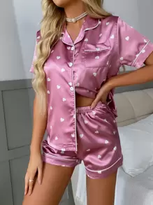 LuxeNights Conjunto de pijama con estampado de corazón y ribete de contraste - Rosa vieja - Ver 4