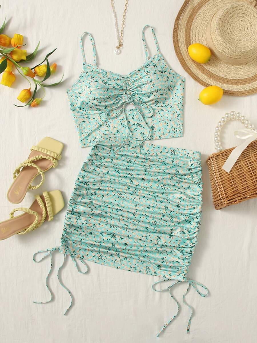 Soleia Drawstring Knot Cut Out Front Ditsy Floral Cami Top & Ruched Skirt Set - Multicolor - View 1