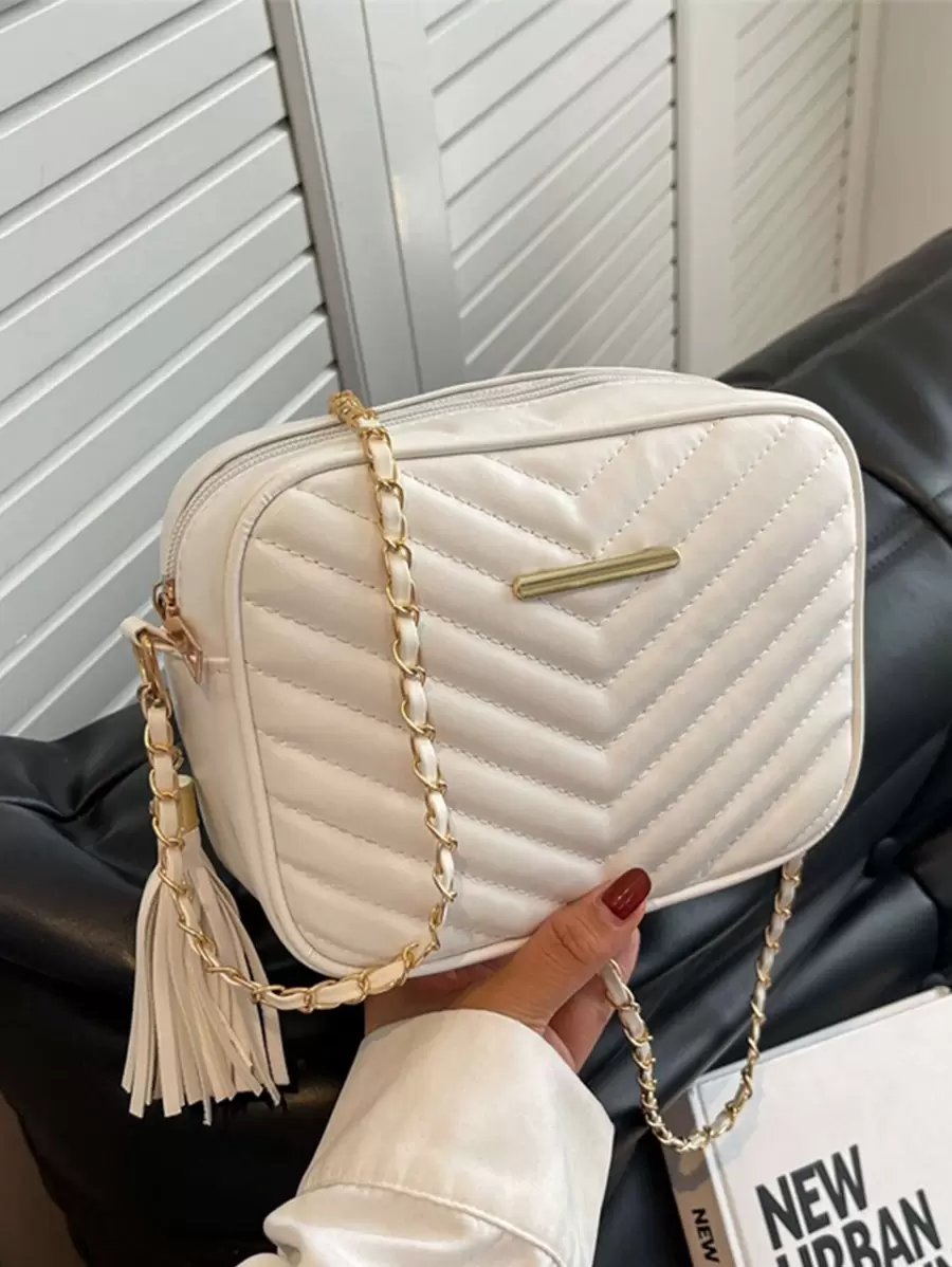 Túi Crossbody Nữ Tua In chữ V Chuỗi Đúng mốt - trắng - Xem 1