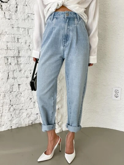 DAZY 高腰刺绣细节锥形裤女式牛仔裤