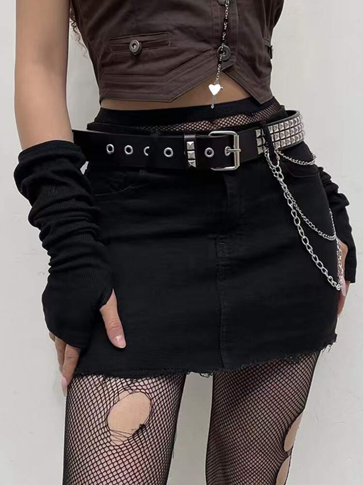1 pieza Cinturón sexy para mujer con decoración de tachuelas y cadena, ideal para Halloween, San Valentín, verano, escuela, otoño - Negro - Añade 1