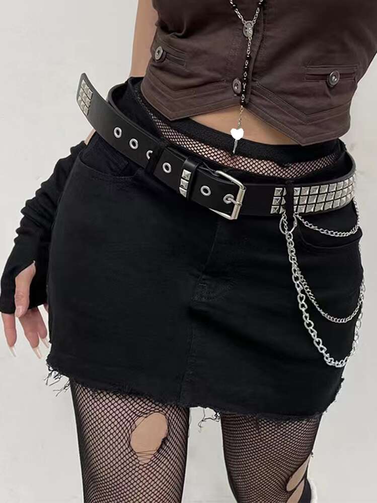 1 pieza Cinturón sexy para mujer con decoración de tachuelas y cadena, ideal para Halloween, San Valentín, verano, escuela, otoño - Negro - Añade 8