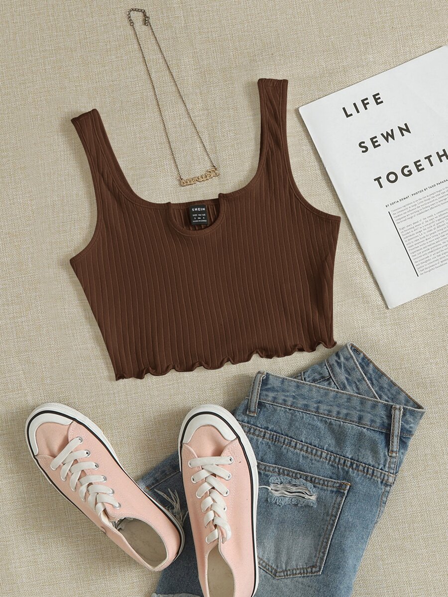 SHEIN EZwear Notch Neck Lettuce Edge Rib-knit Tank Top - Coffee Brown - View 1