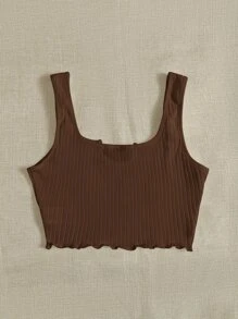 SHEIN EZwear Notch Neck Lettuce Edge Rib-knit Tank Top - Coffee Brown - View 2