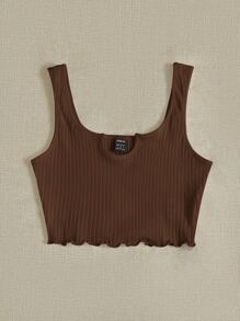 SHEIN EZwear Notch Neck Lettuce Edge Rib-knit Tank Top - Coffee Brown - View 3
