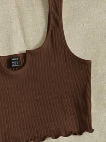 SHEIN EZwear Notch Neck Lettuce Edge Rib-knit Tank Top - Coffee Brown - View 4
