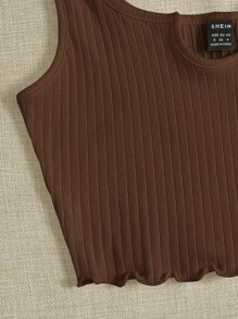 SHEIN EZwear Notch Neck Lettuce Edge Rib-knit Tank Top - Coffee Brown - View 5