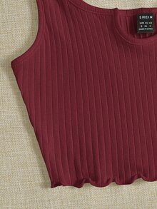 SHEIN EZwear 西裝領小褶邊羅紋針織背心上衣 - 酒紅色 - 查看 5