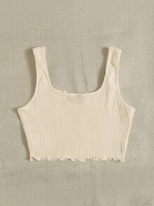 SHEIN EZwear Notch Neck Lettuce Edge Rib-knit Tank Top - Beige - View 2
