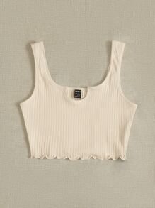 SHEIN EZwear Notch Neck Lettuce Edge Rib-knit Tank Top - Beige - View 3