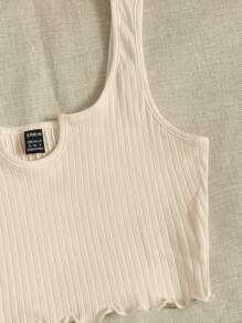 SHEIN EZwear Notch Neck Lettuce Edge Rib-knit Tank Top - Beige - View 4