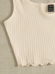 SHEIN EZwear Notch Neck Lettuce Edge Rib-knit Tank Top - Beige - View 5