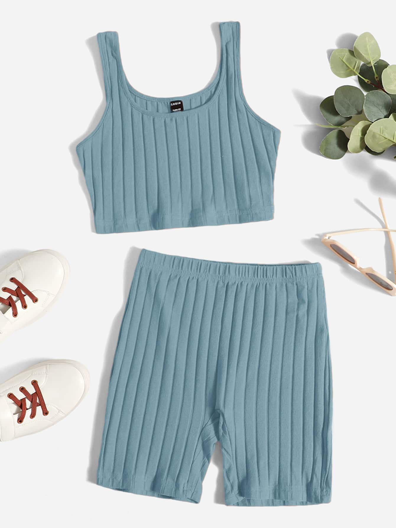 SHEIN PETITE 羅紋針織短款背心和機車短褲套裝