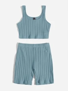 SHEIN PETITE 羅紋針織短款背心和機車短褲套裝
