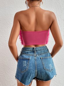 SHEIN Allurite 素色毛茸茸短款抹胸上衣 - 玫紅色 - 查看 2