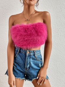 SHEIN Allurite 素色毛茸茸短款抹胸上衣 - 玫紅色 - 查看 5