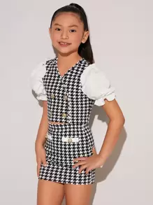 SHEIN Tween Girl Houndstooth Button Front Puff Sleeve Crop Top & Skirt - Black and White - View 1
