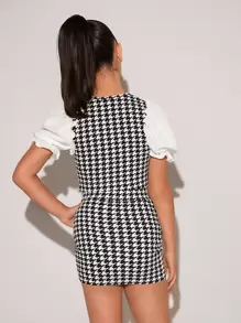 SHEIN Tween Girl Houndstooth Button Front Puff Sleeve Crop Top & Skirt - Black and White - View 2